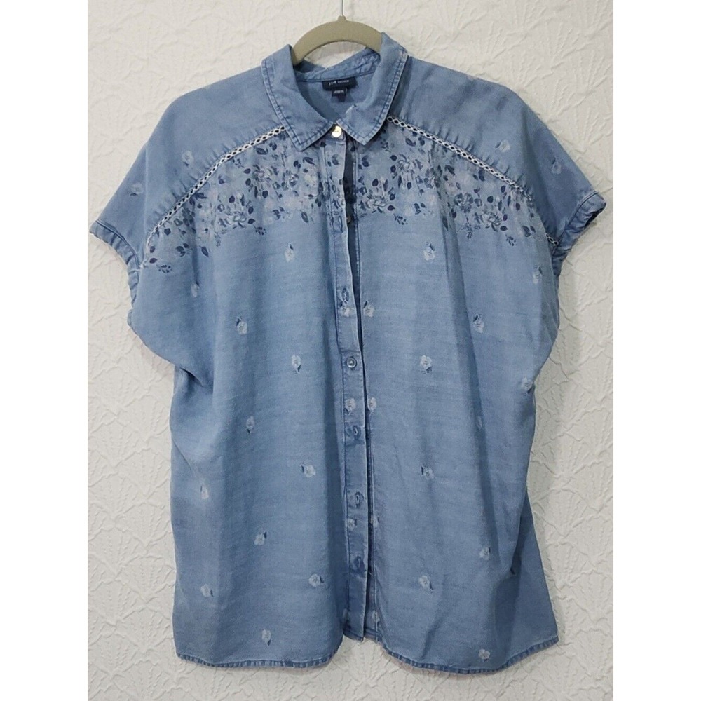 J Jill Denim Women Button Down Cap Sleeve Floral Collared Blouse Tencel Sz Med
